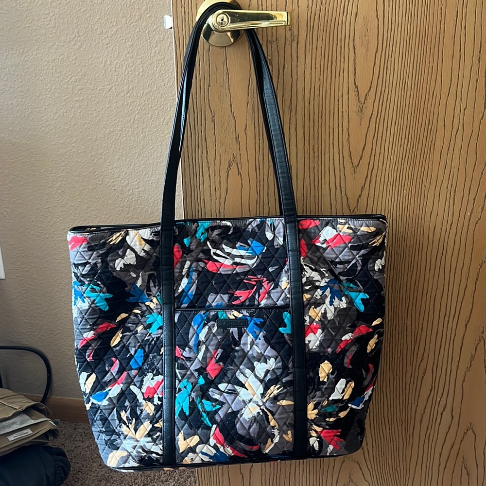 Black floral Vera Bradley tote bag. 13” deep, other dimensions pictured above.